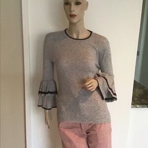 Frame Denim Gray Navy Blue Stripe Double Ruffle Sleeve Wool Blend Sweater S $289